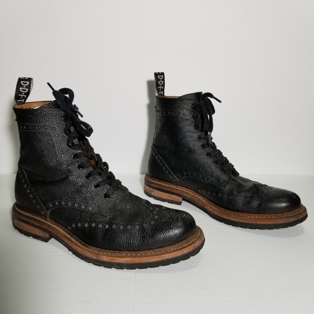 John Fluevog Black Leather Wingtip Lace-Up Boots with Brown Stacked Sole